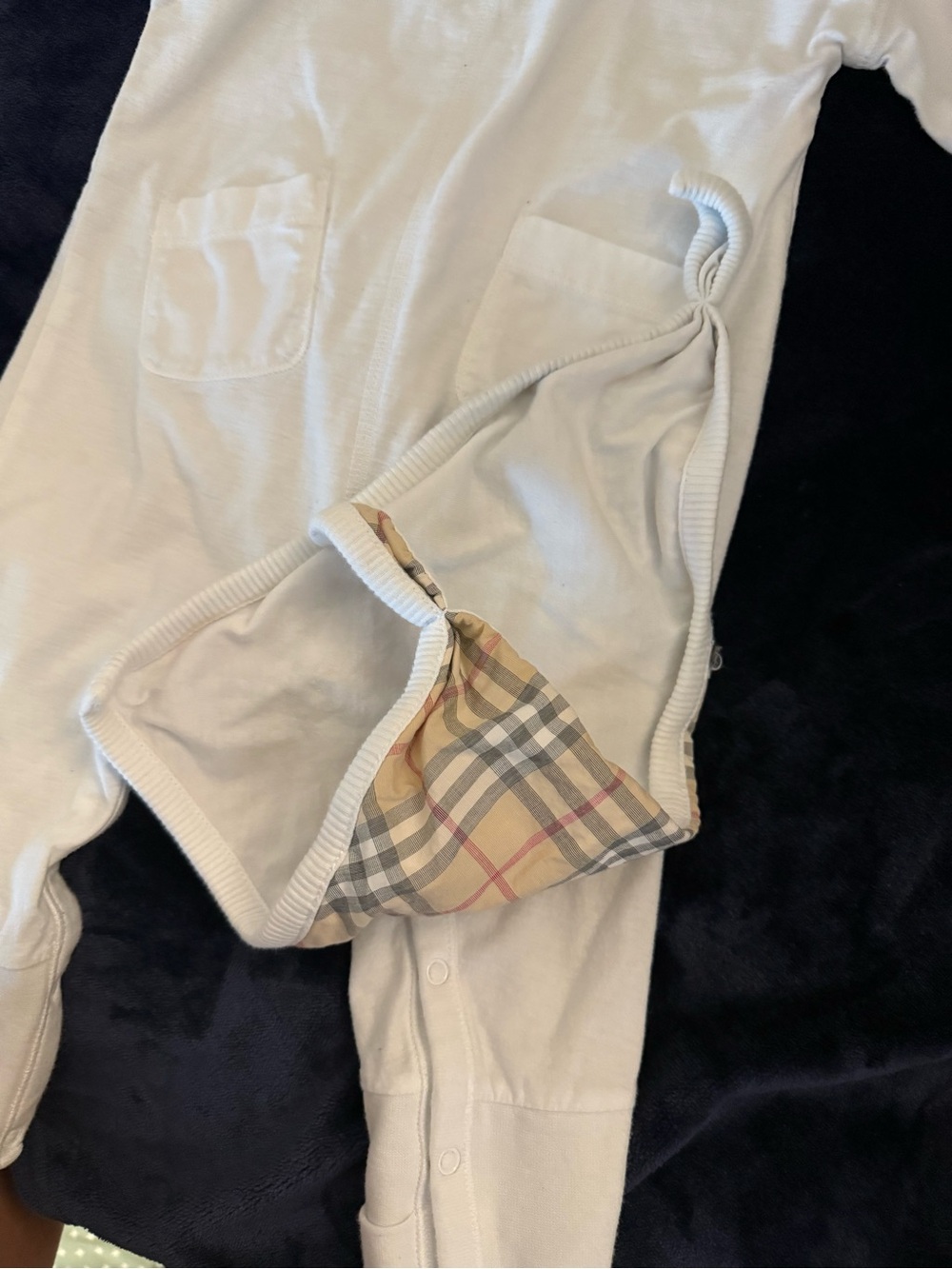 Burberry White Infant Romper with Signature Nova Check Trim - Picture 5 of 7